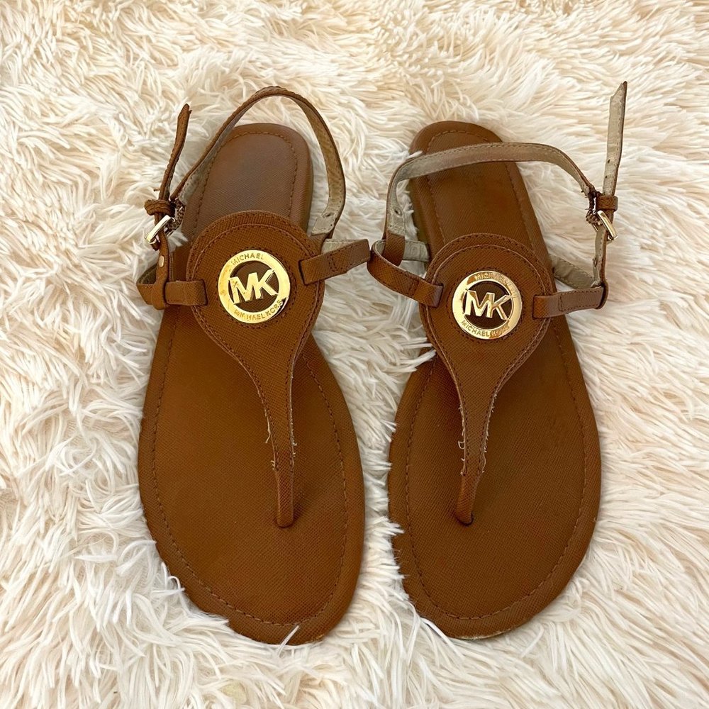 Michael Kors Luggage Brown Leather with Gold MK Emblem Sandals Size 10